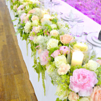 Peony, Roses, Allium, Carnation and Amaranthus Caudatus Head Table Floral Runner with candles Cherie Kelly Wedding Flowers Decoration London