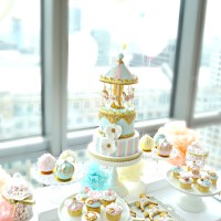 Pink, Blue and Gold Carousel Birthday Cake, Cupcakes and Cookies Dessert Cake Table Cherie Kelly Party Styling and Planning London
