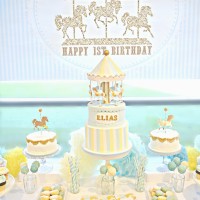 Gold, Yellow and Blue Carousel themed Birthday Party Cake and Dessert Table London Cherie Kelly