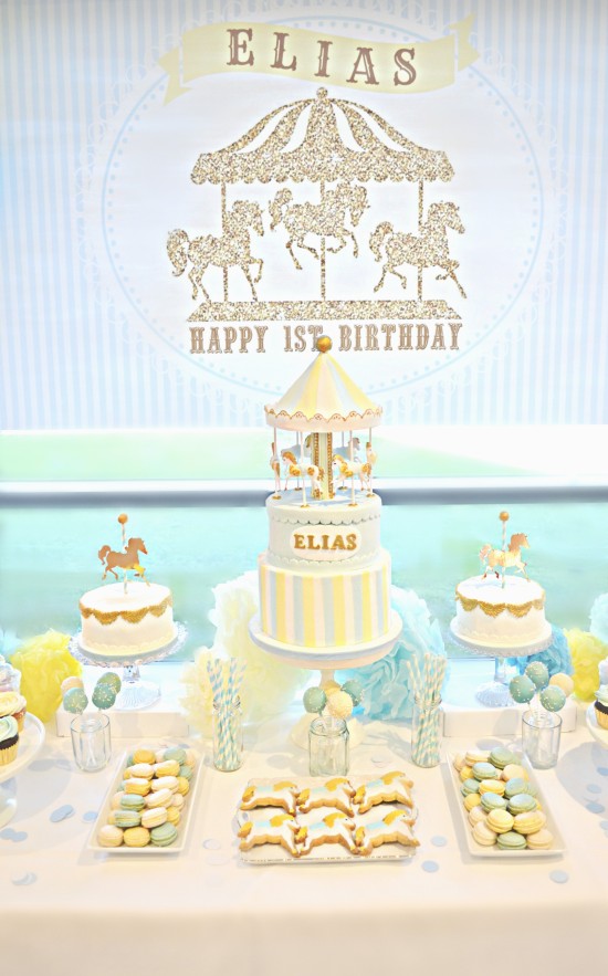 Gold, Yellow and Blue Carousel themed Birthday Party Cake and Dessert Table London Cherie Kelly