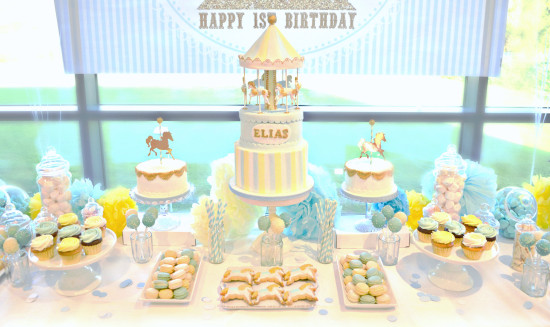 Gold, Yellow and Blue Carousel themed Birthday Party Cake and Dessert Table London Cherie Kelly