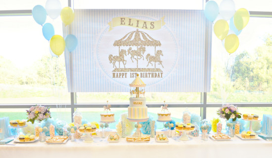 Gold, Yellow and Blue Carousel themed Birthday Party Cake and Dessert Table London Cherie Kelly