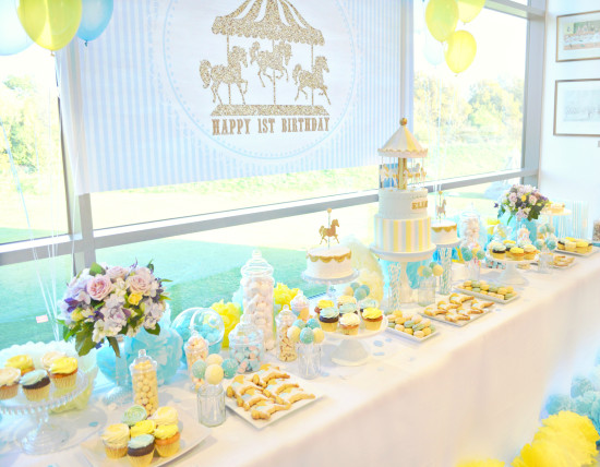Gold, Yellow and Blue Carousel themed Birthday Party Cake and Dessert Table London Cherie Kelly