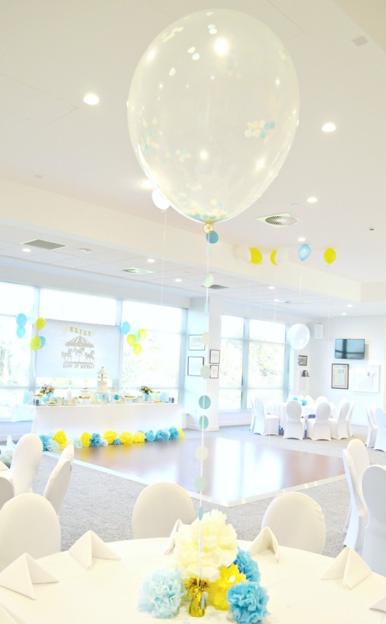 Gold, Yellow and Blue Carousel themed Birthday Party Cake and Dessert Table London Cherie Kelly