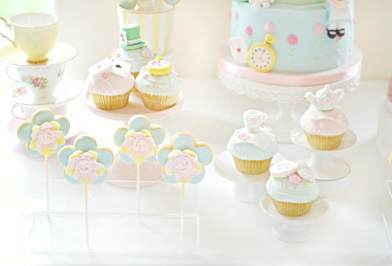Alice in Wonderland Cake, Pastel Macarons Tower, Cupcakes and Cookie Pops Birthday Party Cake Table Cherie Kelly London