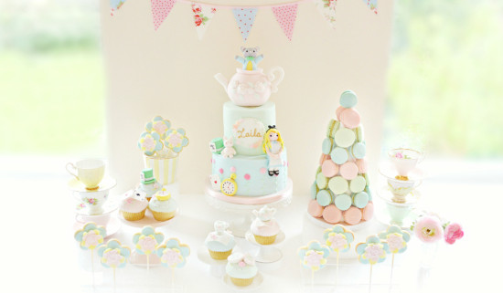 Alice in Wonderland Theme Cake, Pastel Macarons Tower, Cupcakes and Cookie Pops Birthday Party Cake Table Cherie Kelly London