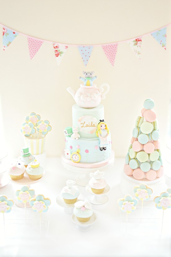 Alice in Wonderland Theme Cake, Pastel Macarons Tower, Cupcakes and Cookie Pops Birthday Party Cake Table Cherie Kelly London