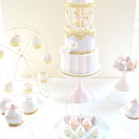 Pink, Lilac and Gold Carousel Cake, Cupcakes on Ferris Wheel, Cakepops and Bauble Ball Cake Dessert Table