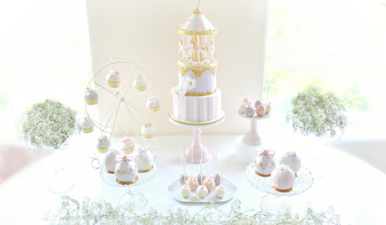 Pink, Lilac and Gold Carousel Cake, Cupcakes on Ferris Wheel, Cakepops and Bauble Ball Cake Dessert Table