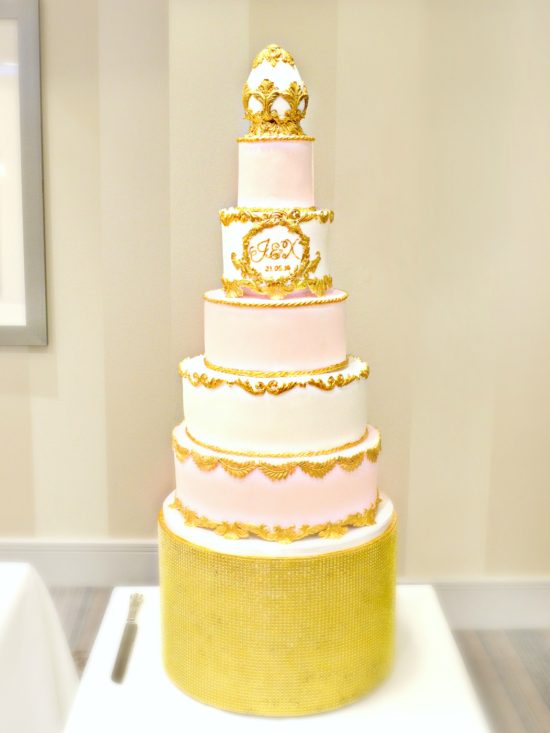 5 Tiers Pink, White and Gold Faberge Egg Baroque Monogram Wedding Cake London Cherie Kelly Sofitel St James