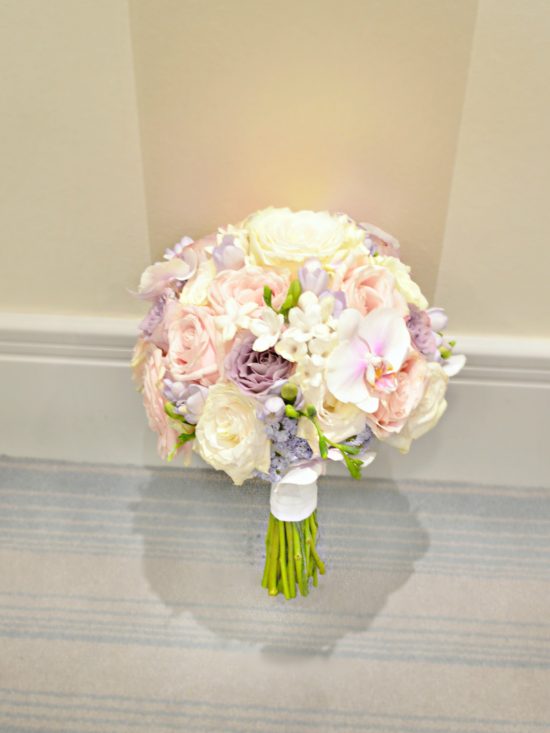pink lilac white stephanotis orchids rose bridal bouquet Cherie Kelly London wedding flowers Sofitel St James