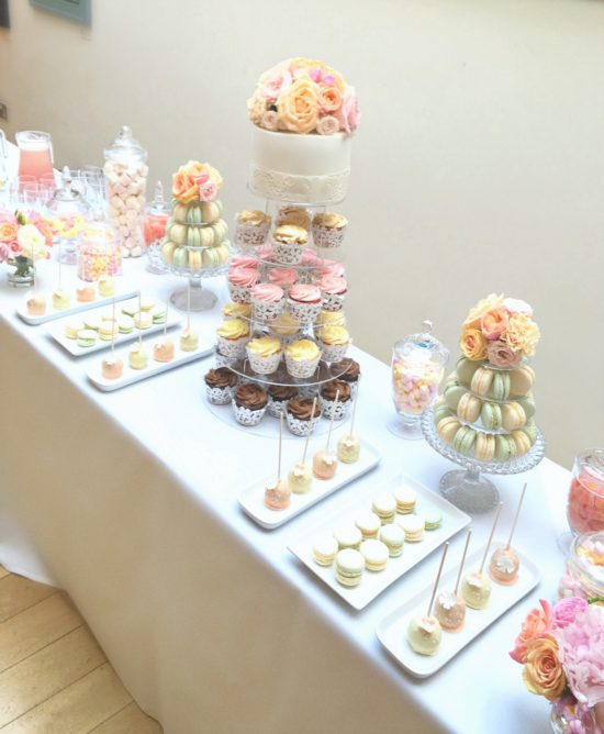Coral, Peach and Pink Summer Wedding Flowers and Wedding Cupcakes Tower Macarons Tower Cake Table in Burgh House Cherie Kelly London