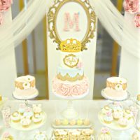 Pink, Blue and Gold Princess Themed Birthday Party Cake Table Cherie Kelly London