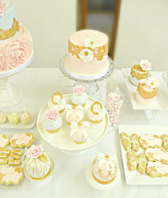 Pink, Blue and Gold Princess Themed Birthday Party Cake Table Cherie Kelly London