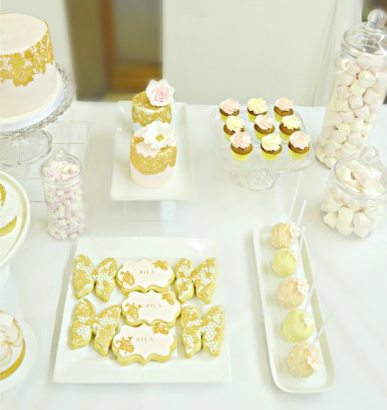 Pink, Blue and Gold Princess Themed Birthday Party Cake Table Cherie Kelly London