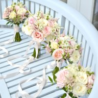 Blush Pink and cream Avalanche rose and astilbe Bridal bouquet bridesmaids bouquet with long ribbon wedding Cherie Kelly Wedding Flowers London Bingham Hotel Richmond