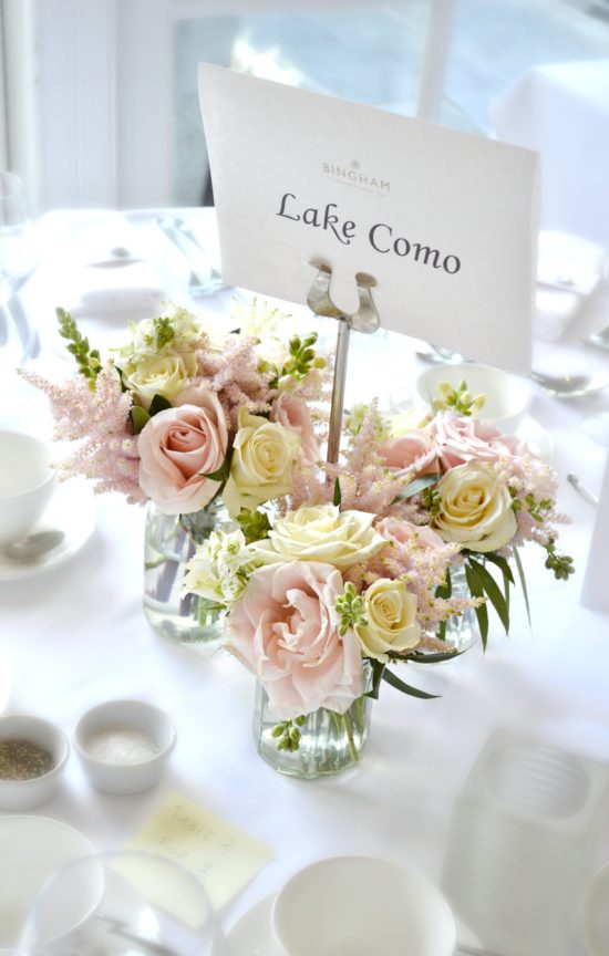 Blush Pink and cream Avalanche rose and astilbe jam jars wedding centrepieces Cherie Kelly Wedding Flowers London Bingham Hotel Richmond