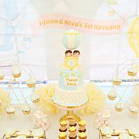 Light Blue, Yellow and Gold Hot Air Balloon Themed Twins First Birthday Party Cake Table and Decorations Cherie Kelly London